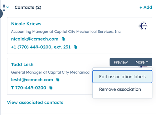 Multiple Contacts - Association Label Screenshot